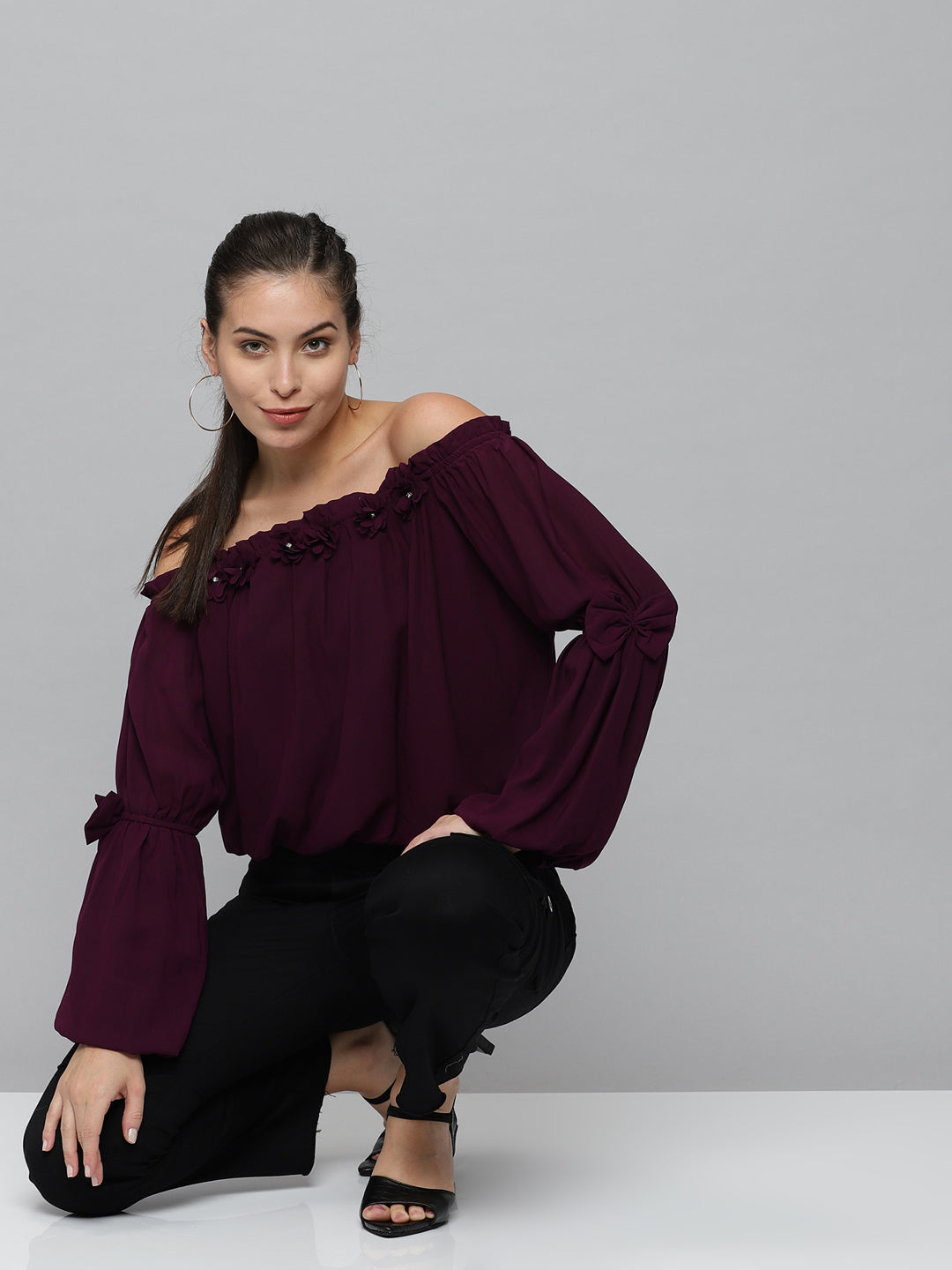 Women's Off-Shoulder Solid Violet Cinched Waist Top