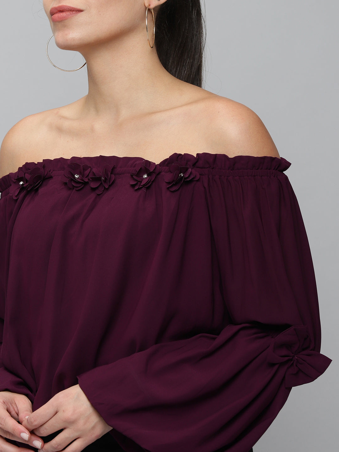 Women's Off-Shoulder Solid Violet Cinched Waist Top