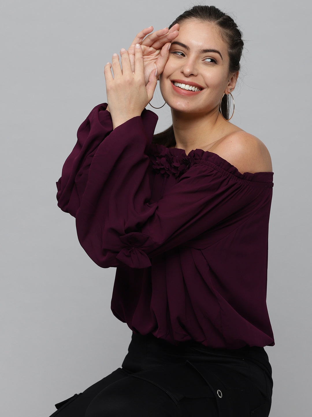 Women's Off-Shoulder Solid Violet Cinched Waist Top