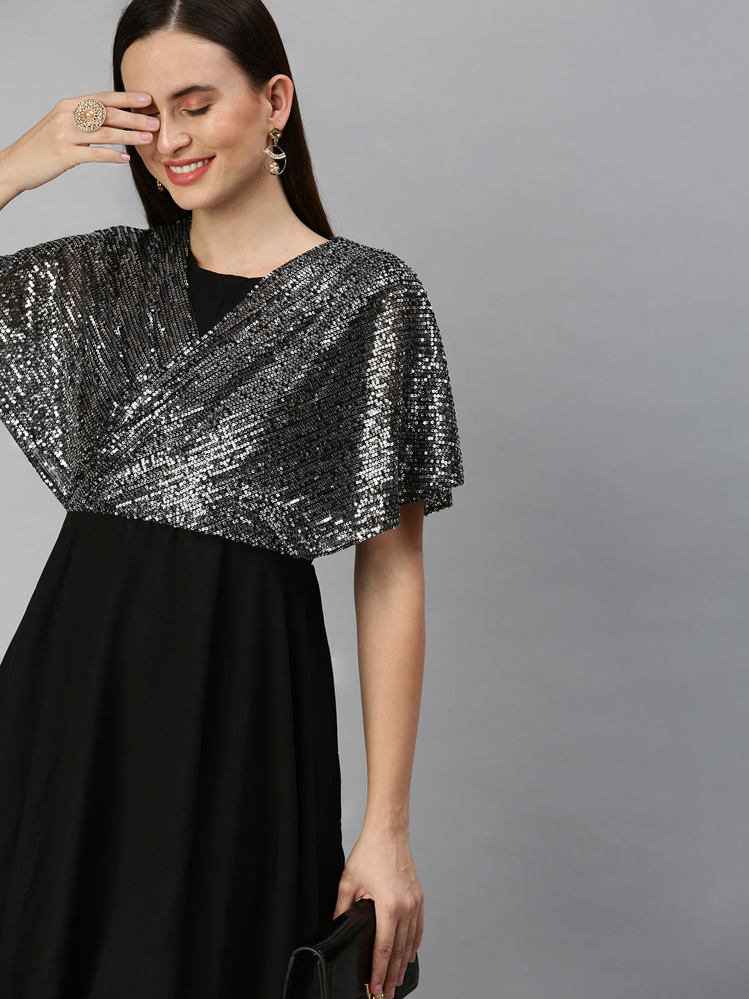 Women Embellished Fit and Flare Black Dress