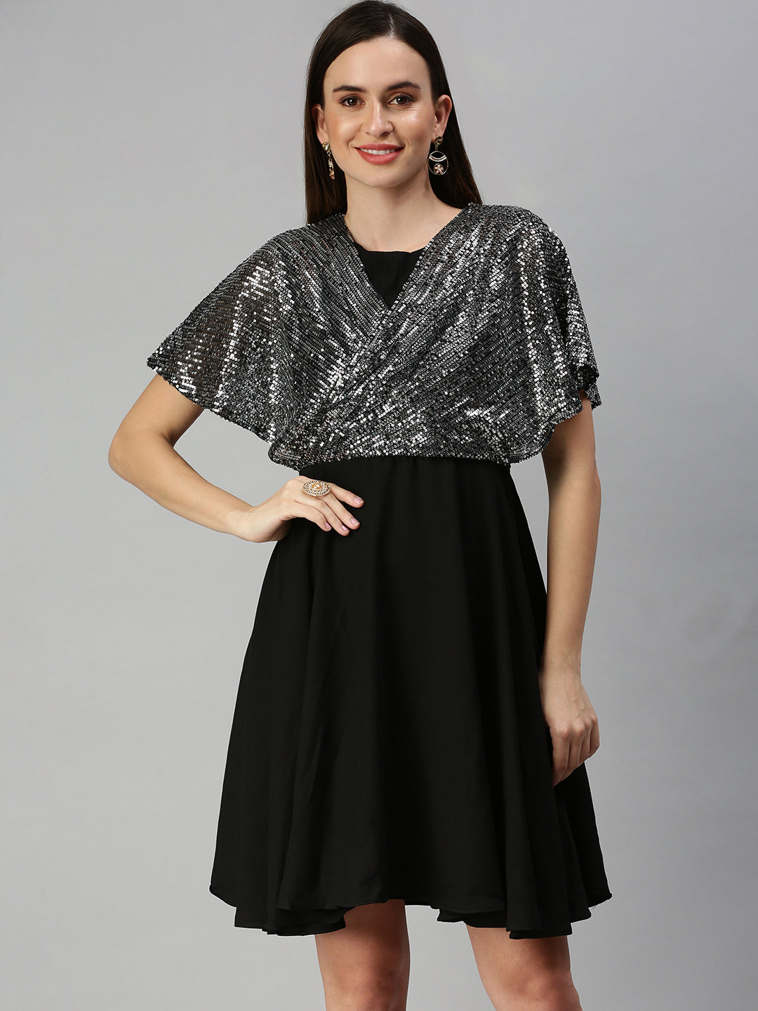 Women Embellished Fit and Flare Black Dress