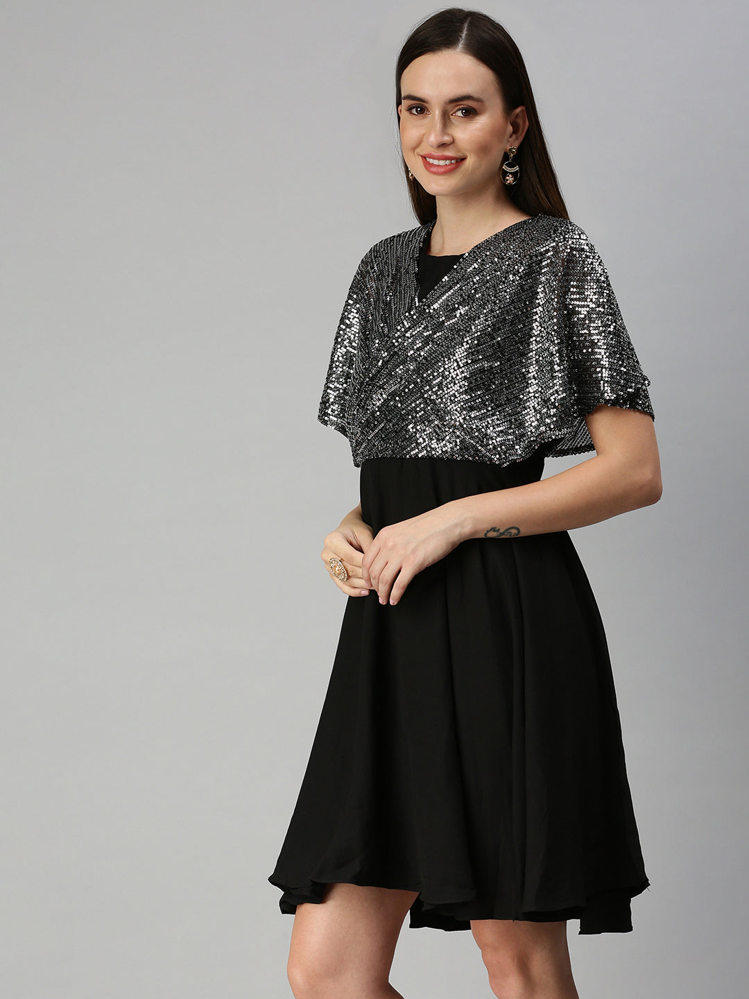 Women Embellished Fit and Flare Black Dress