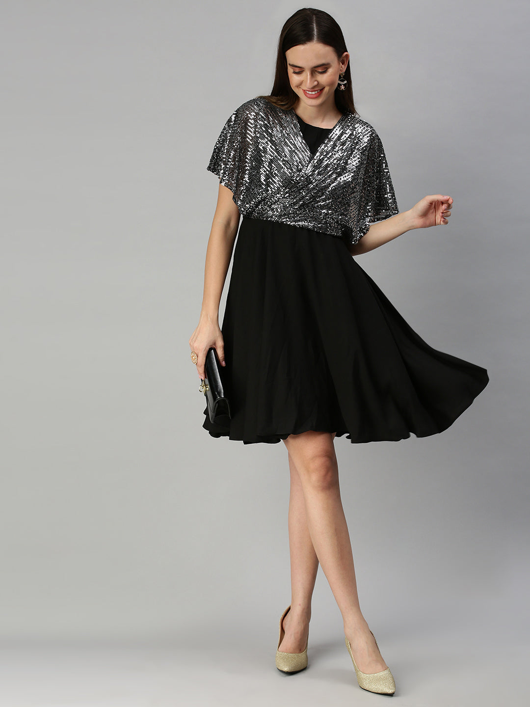 Women Embellished Fit and Flare Black Dress