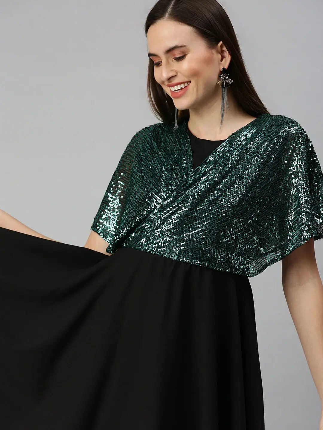 Women's Embellished Fit and Flare Black Dress