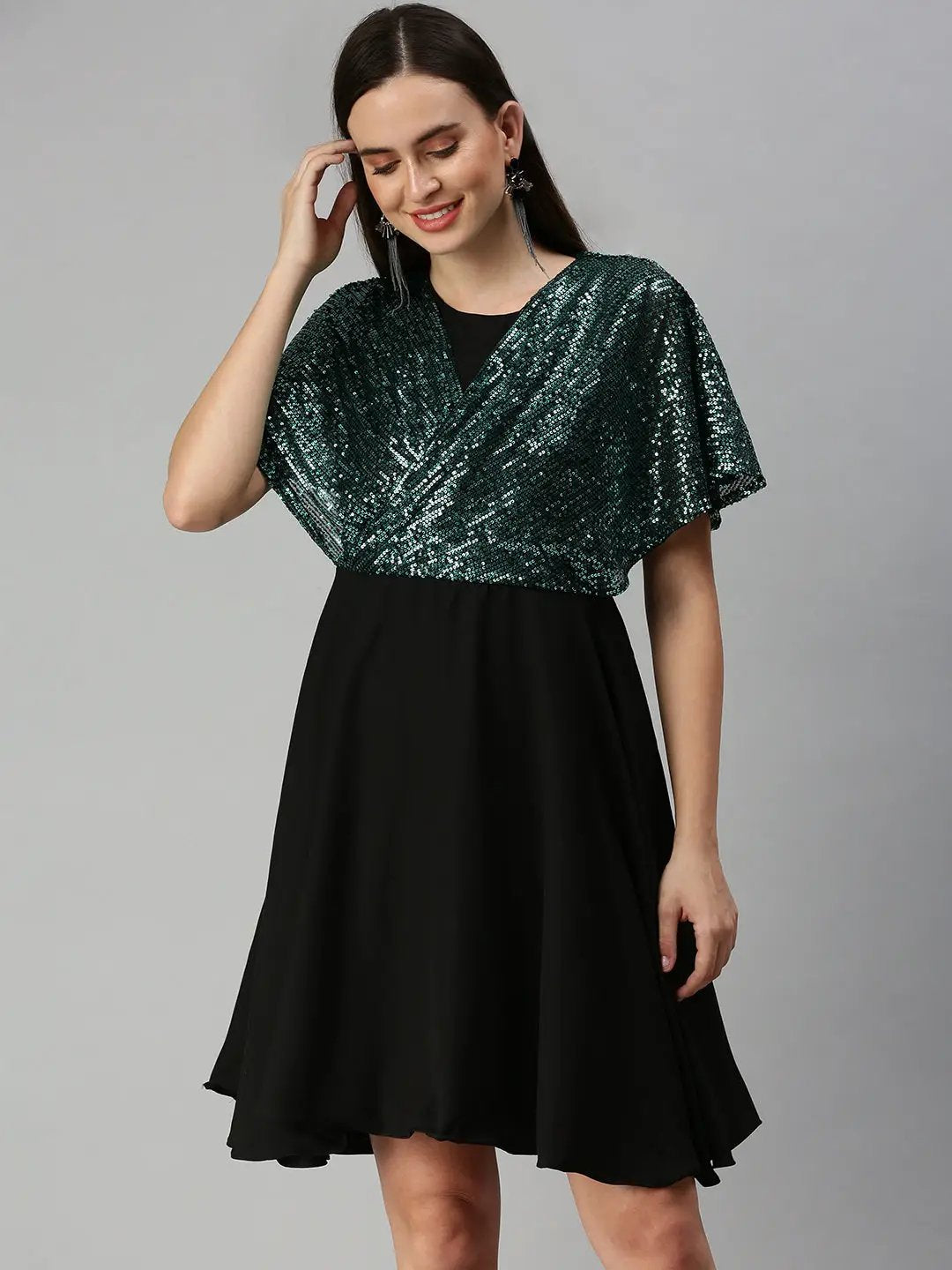 Women's Embellished Fit and Flare Black Dress