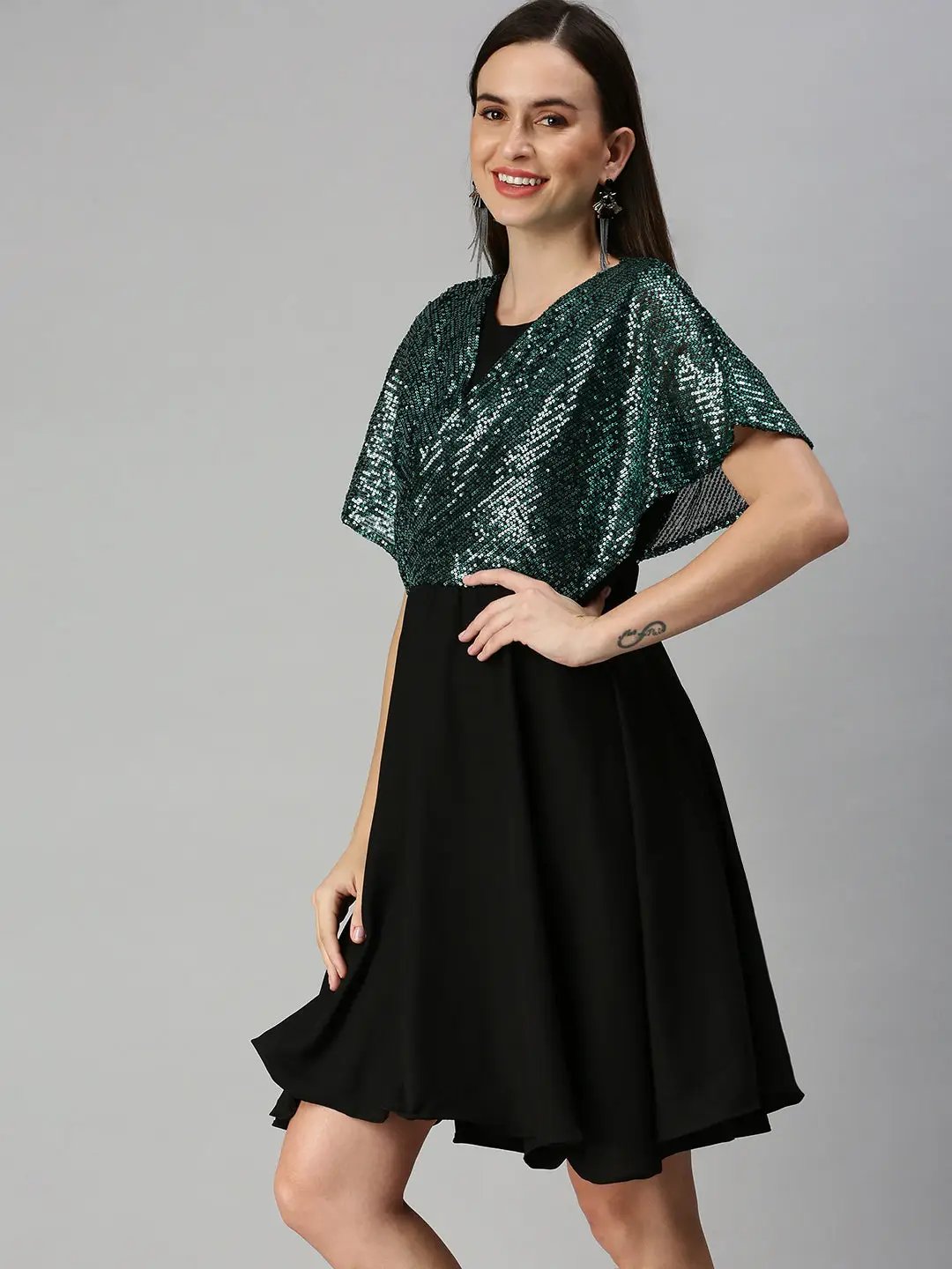 Women's Embellished Fit and Flare Black Dress