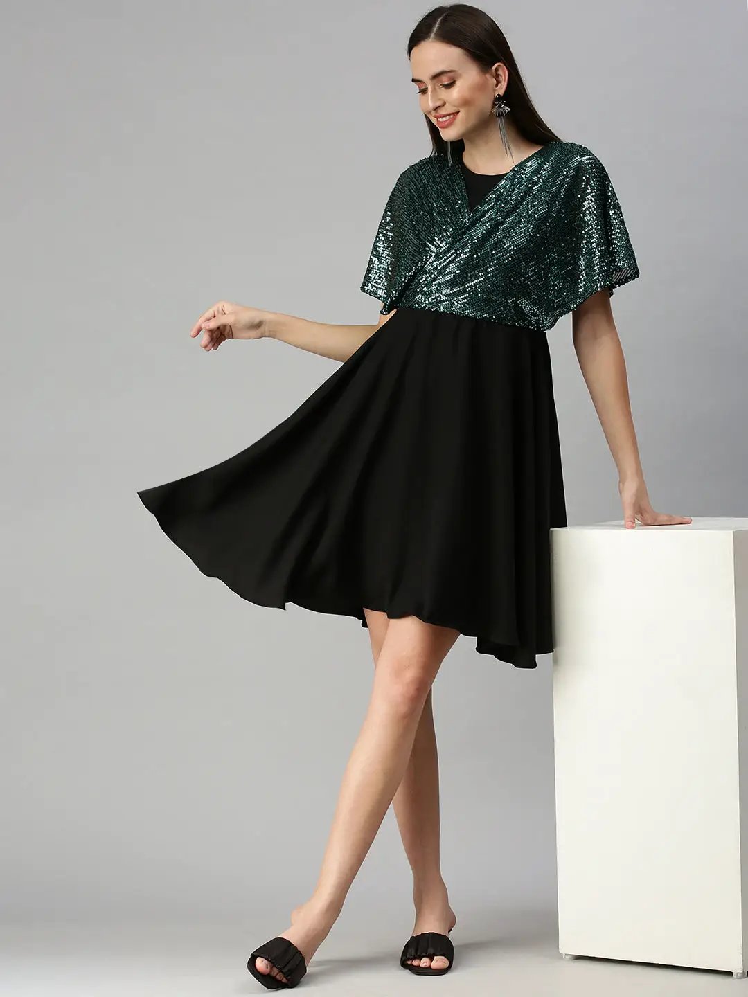 Women's Embellished Fit and Flare Black Dress
