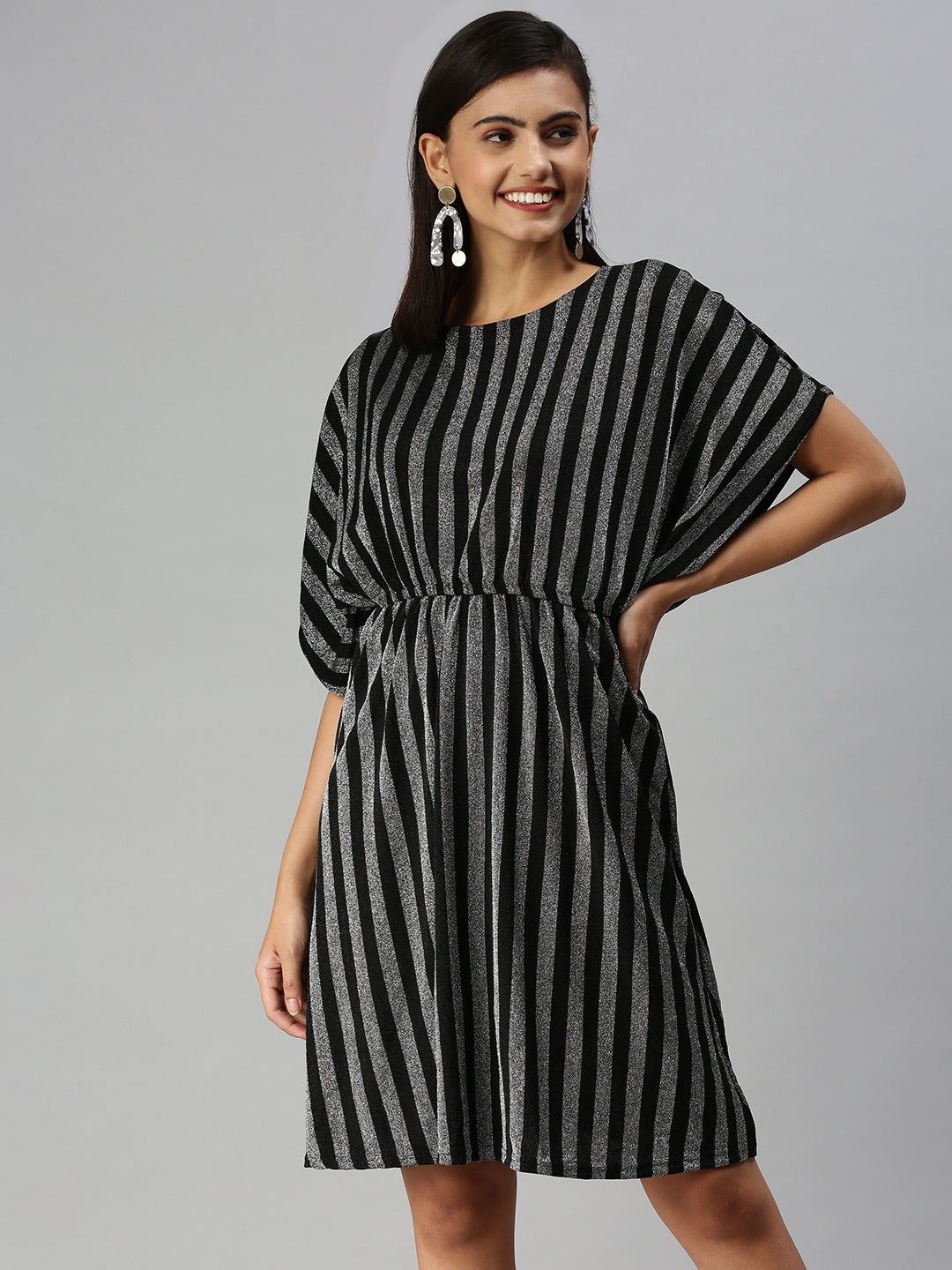 Women Striped Kaftan Silver Dress