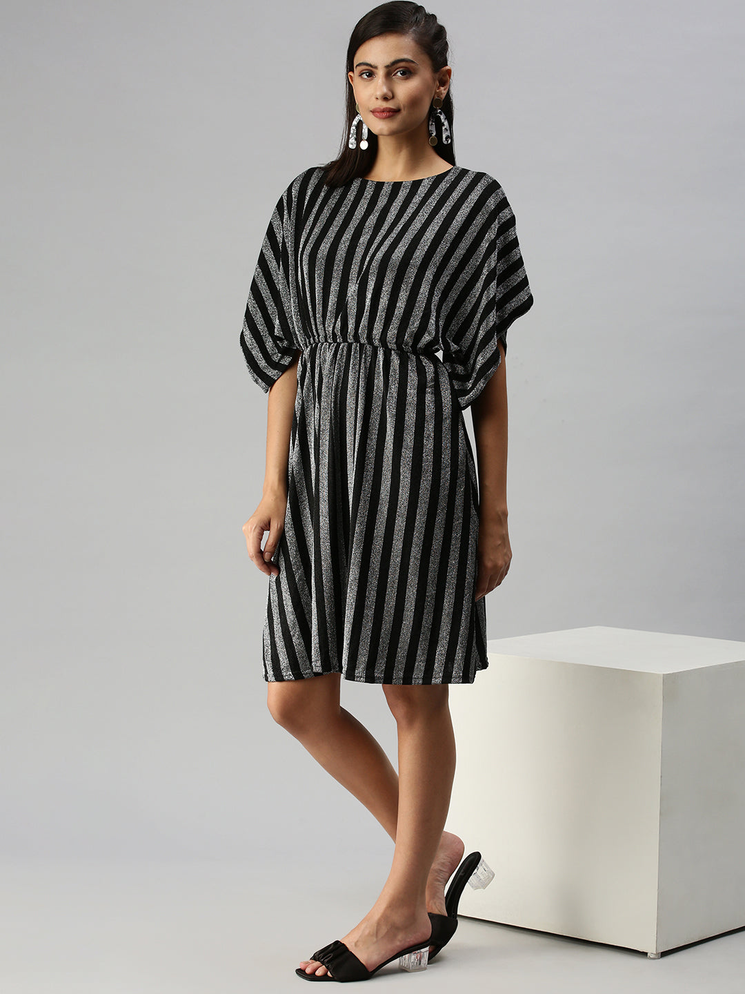 Women Striped Kaftan Silver Dress