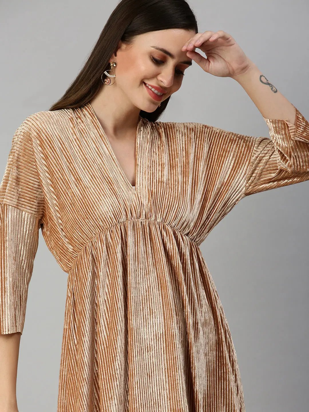 Women's V-Neck Solid Fit and Flare Beige Dress