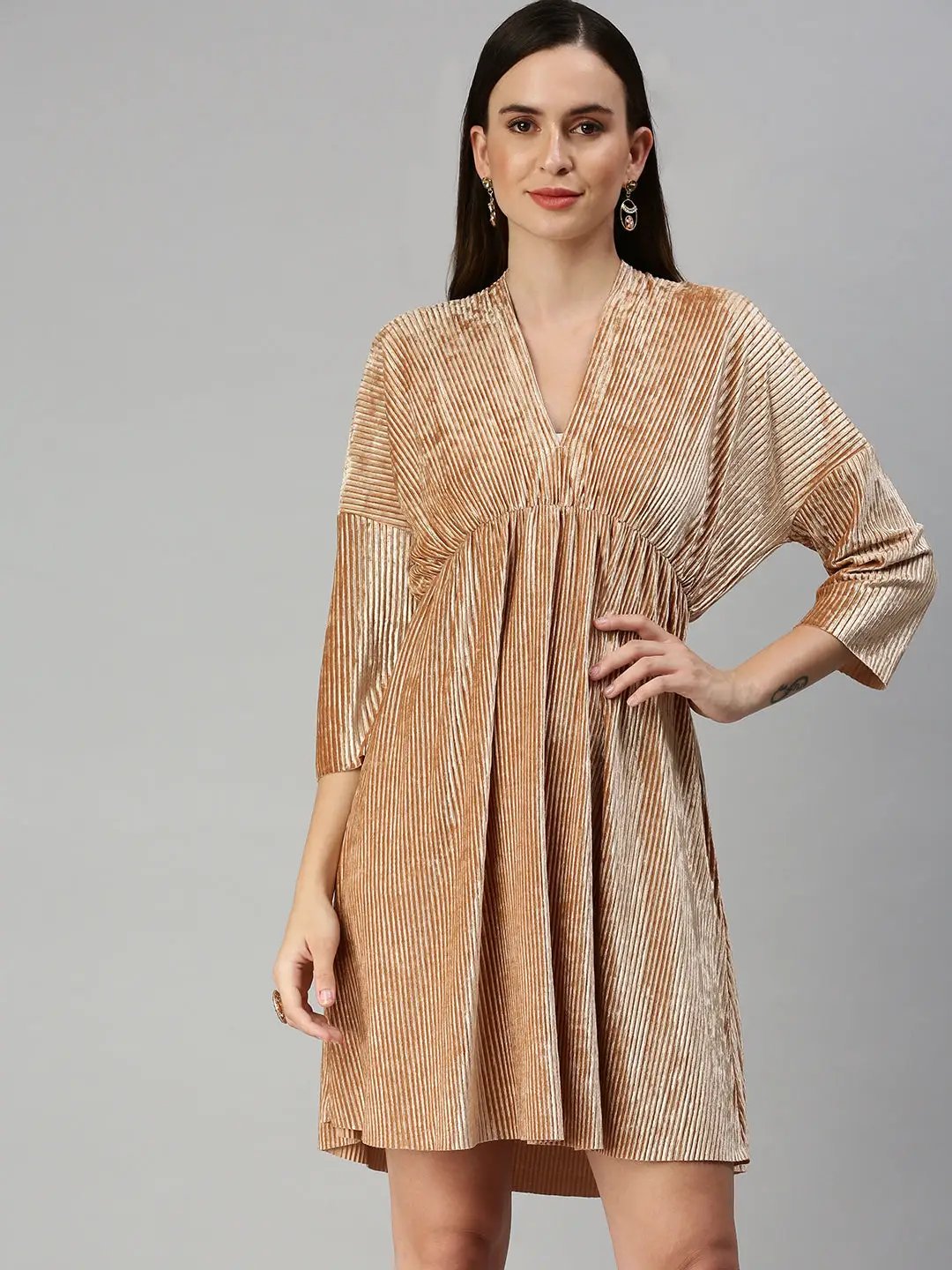 Women's V-Neck Solid Fit and Flare Beige Dress