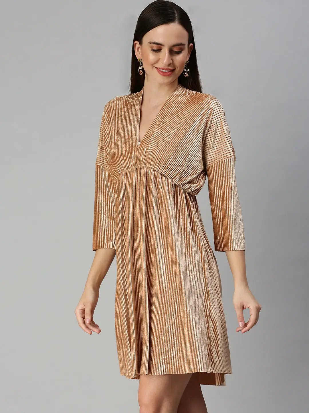Women's V-Neck Solid Fit and Flare Beige Dress