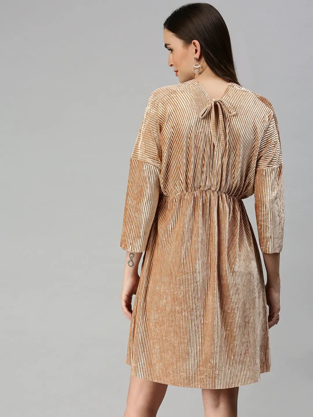 Women's V-Neck Solid Fit and Flare Beige Dress