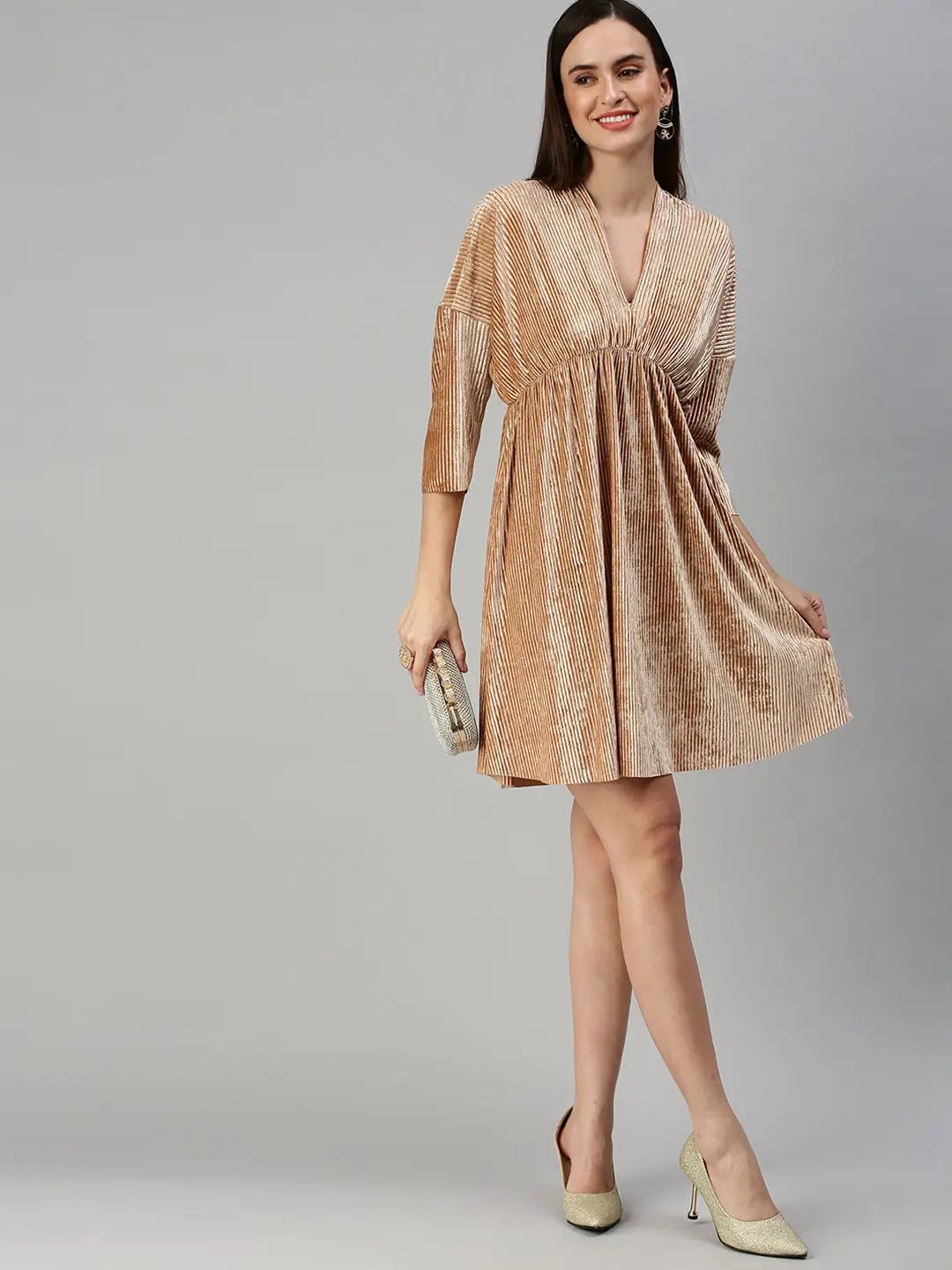 Women's V-Neck Solid Fit and Flare Beige Dress