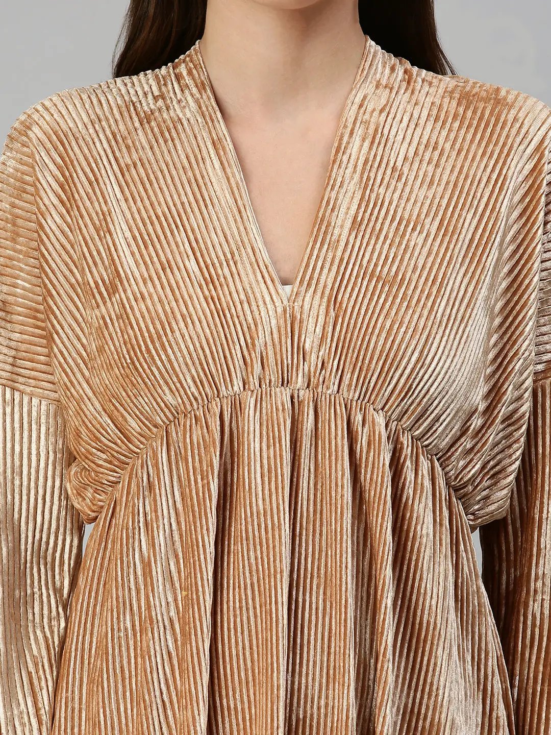 Women's V-Neck Solid Fit and Flare Beige Dress