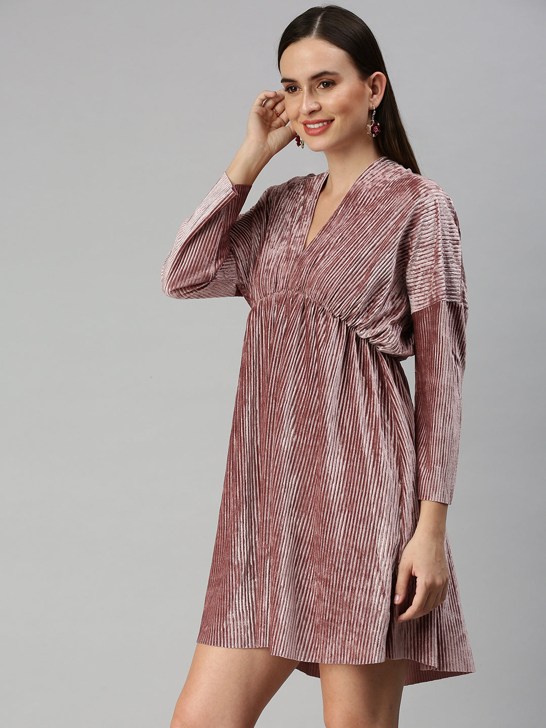 Women V-Neck Solid Fit and Flare Mauve Dress