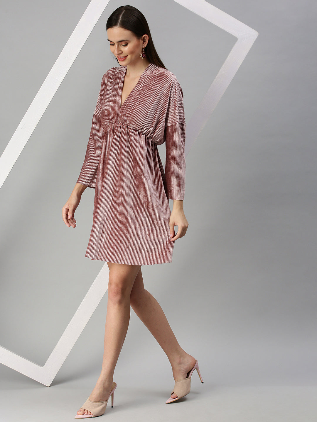 Women V-Neck Solid Fit and Flare Mauve Dress