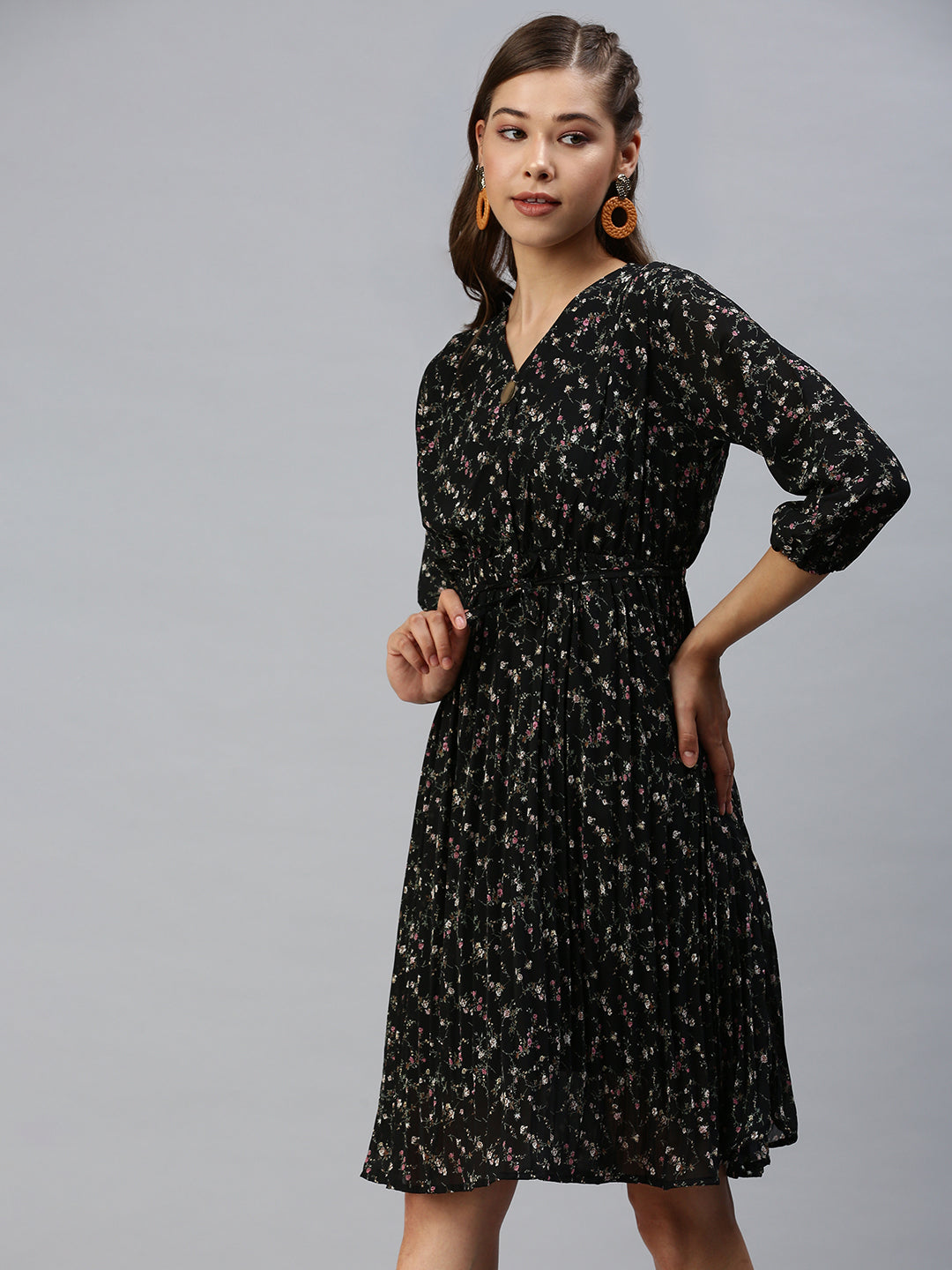 Women V-Neck Printed Fit and Flare Black Dress