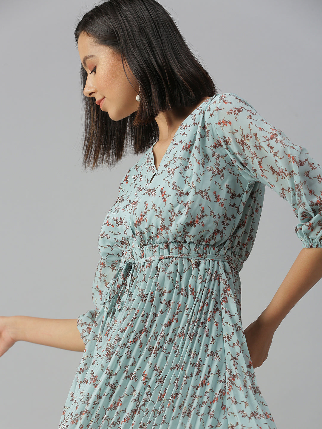 Women's V-Neck Printed Fit and Flare Blue Dress