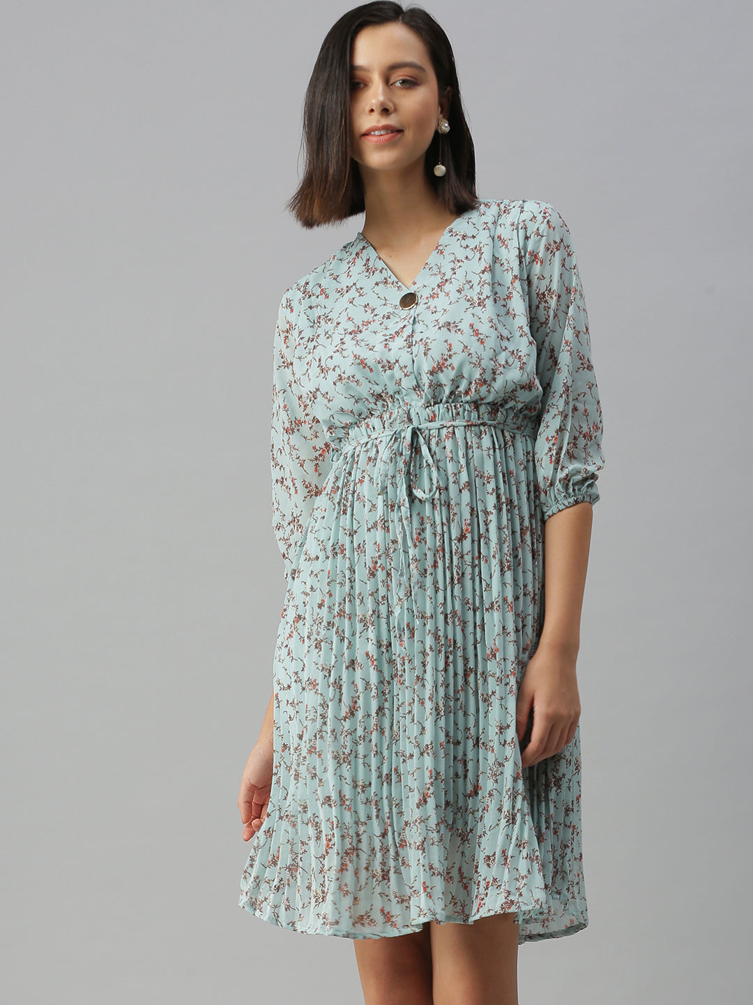 Women's V-Neck Printed Fit and Flare Blue Dress