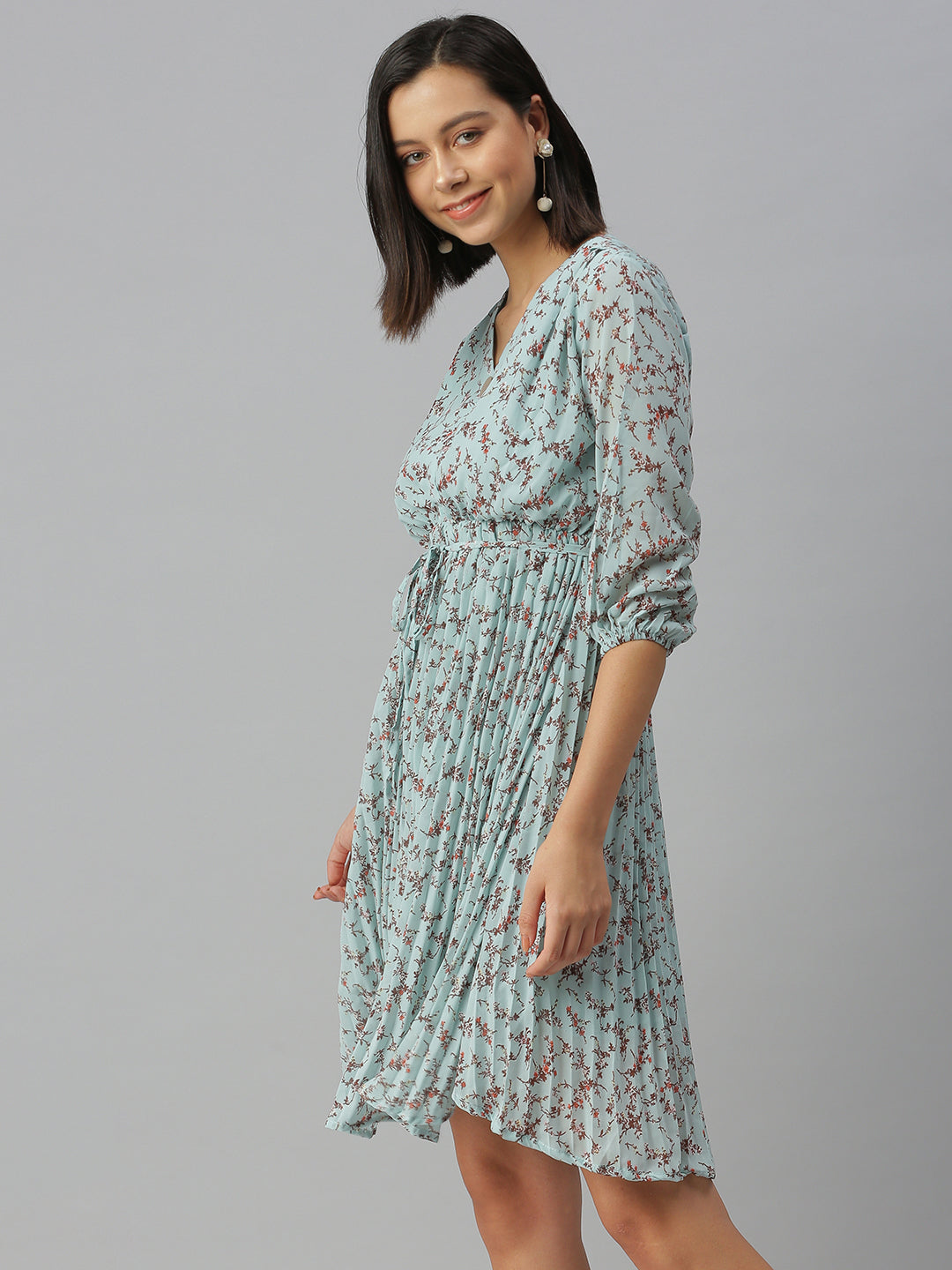 Women's V-Neck Printed Fit and Flare Blue Dress