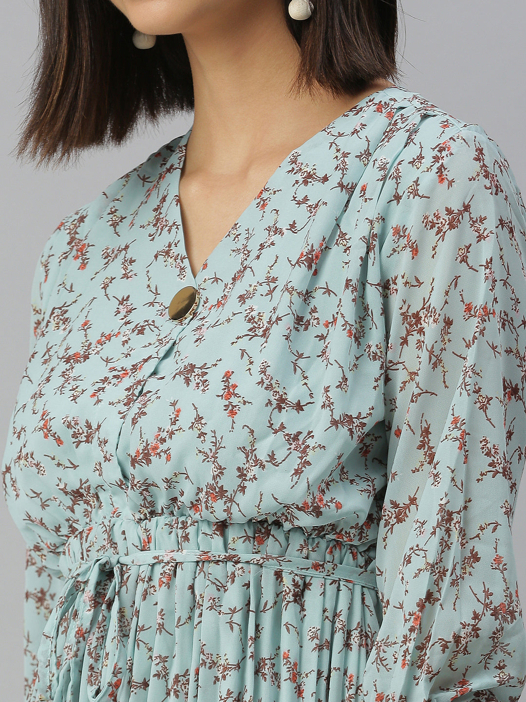 Women's V-Neck Printed Fit and Flare Blue Dress