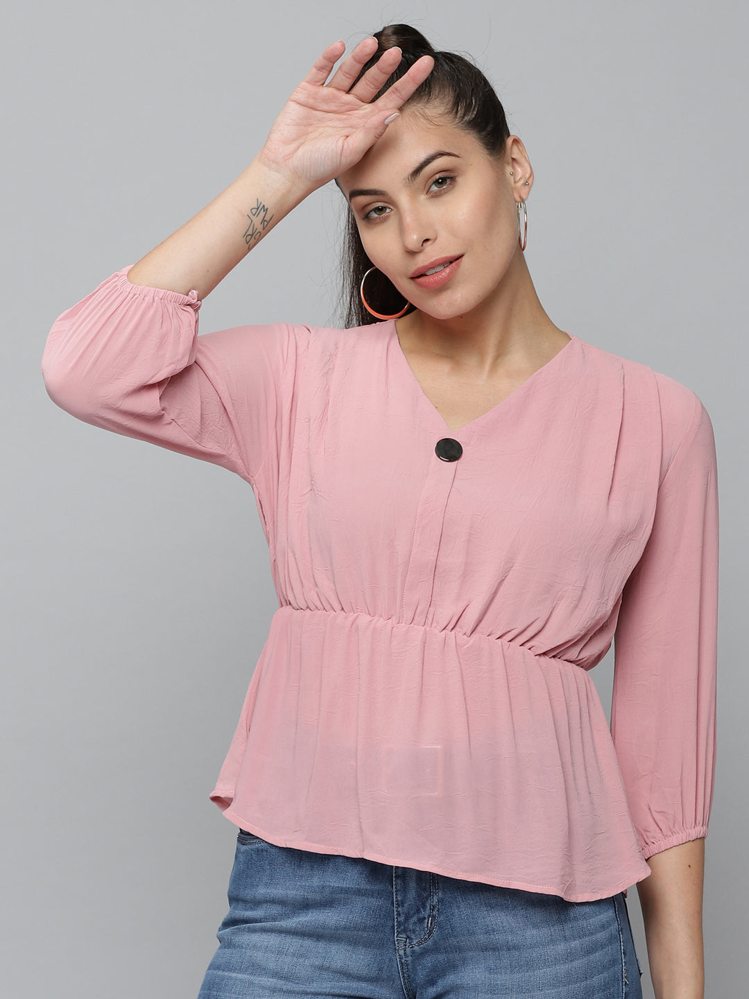 Women V-Neck Solid Pink Peplum Top