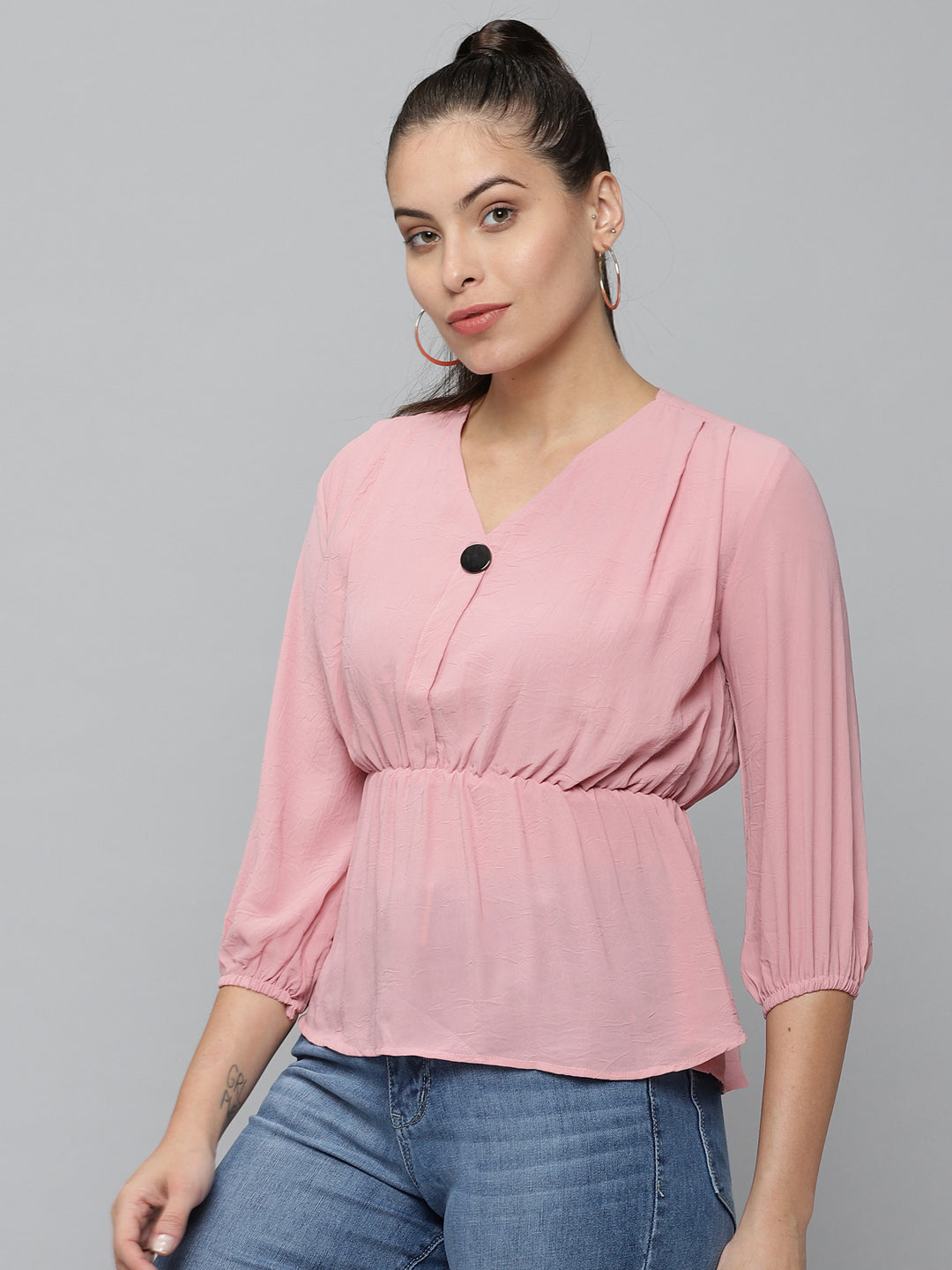 Women V-Neck Solid Pink Peplum Top