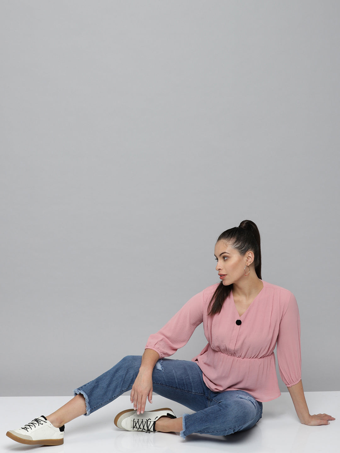 Women V-Neck Solid Pink Peplum Top