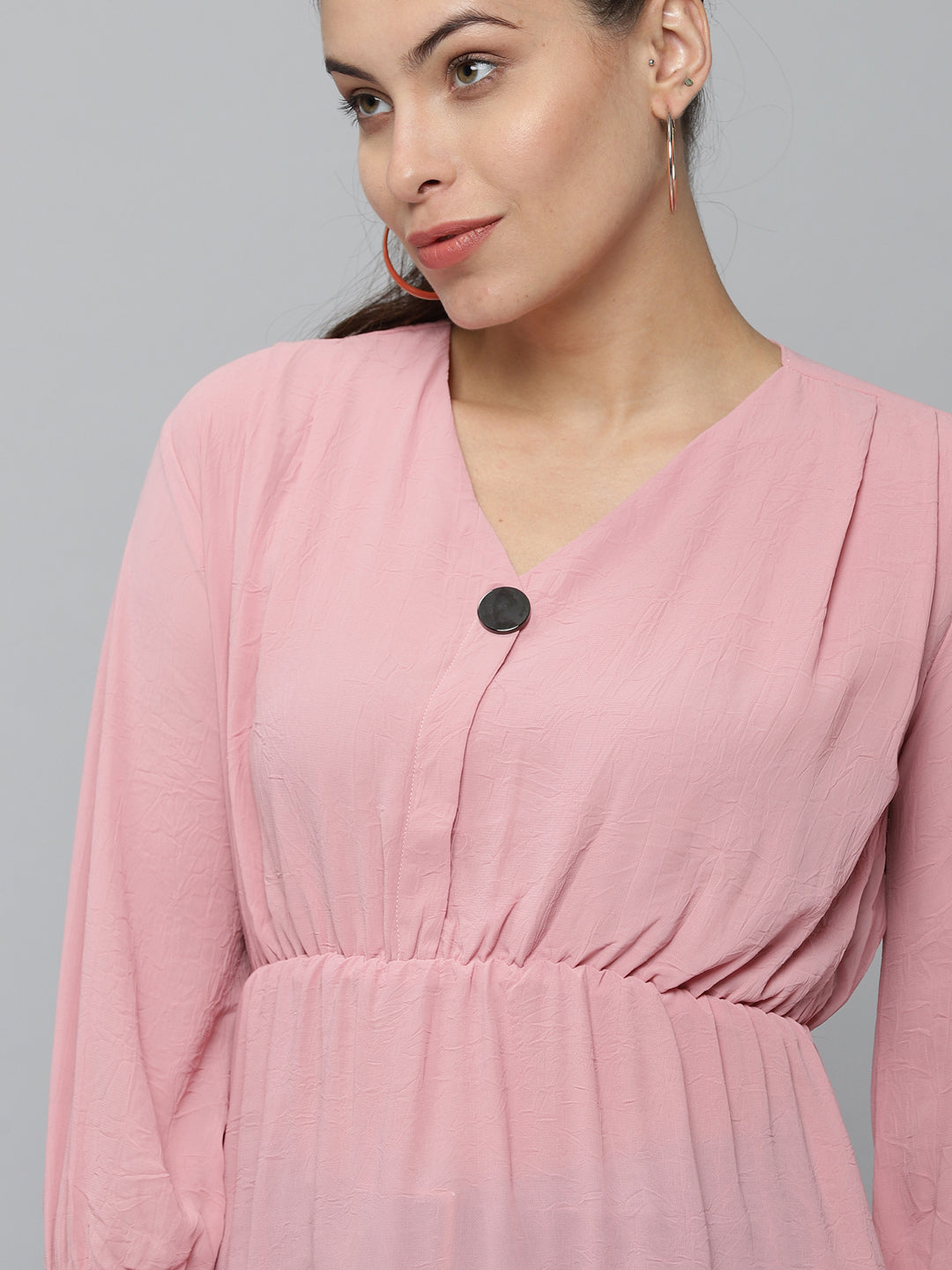 Women V-Neck Solid Pink Peplum Top