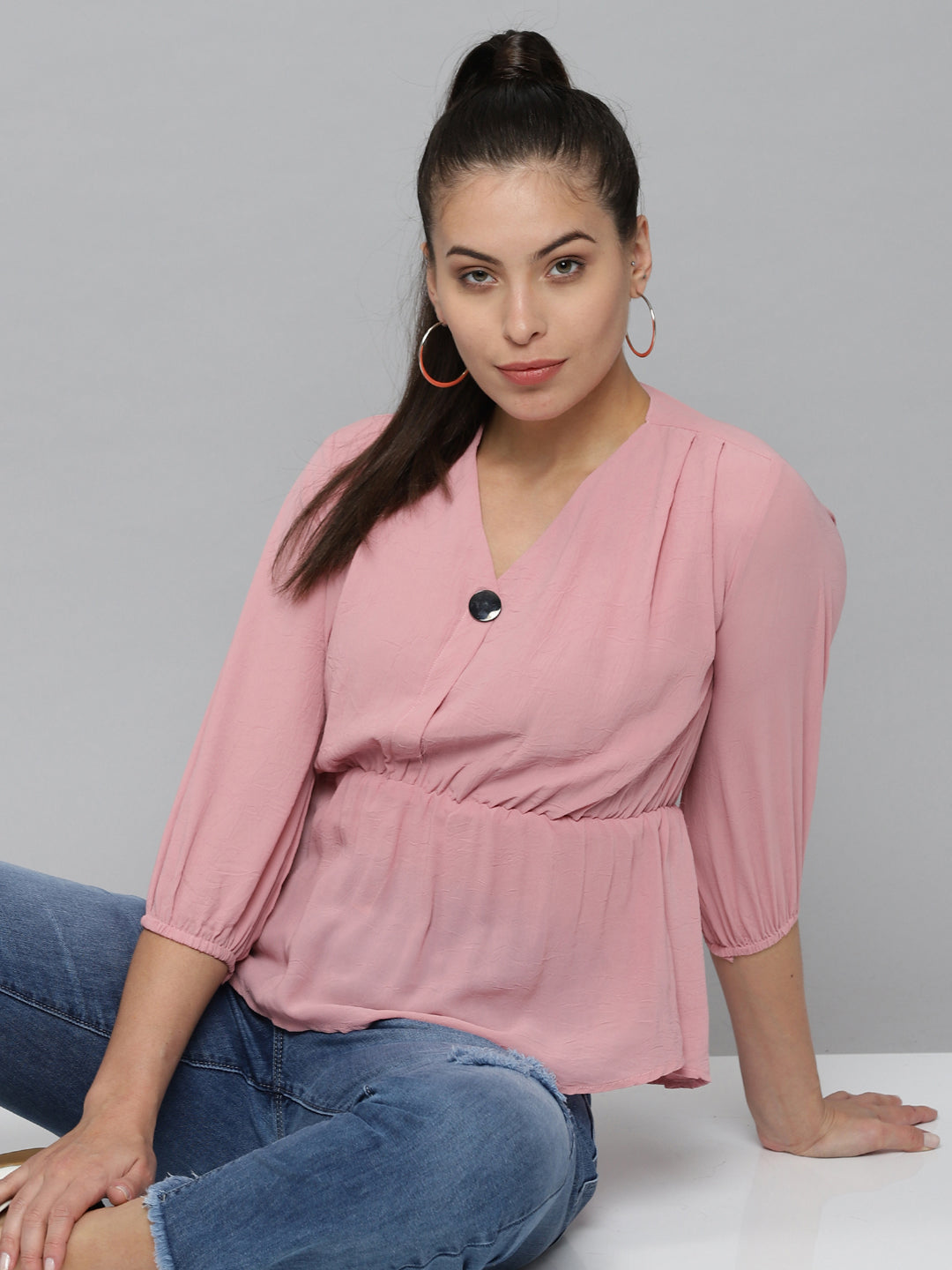 Women V-Neck Solid Pink Peplum Top