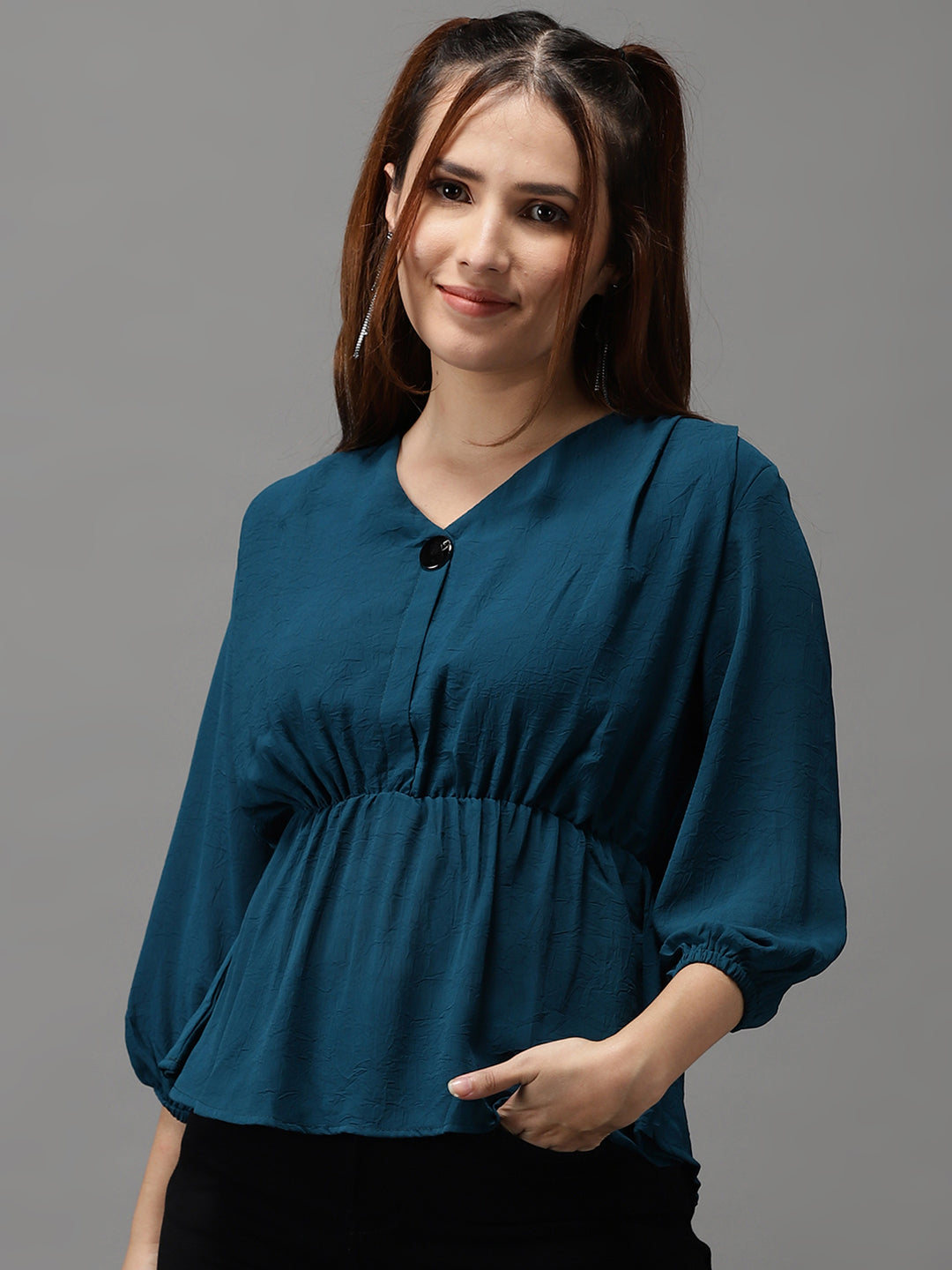 Women V-Neck Solid Teal Peplum Top