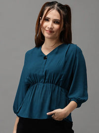 Women's V-Neck Solid Teal Peplum Top