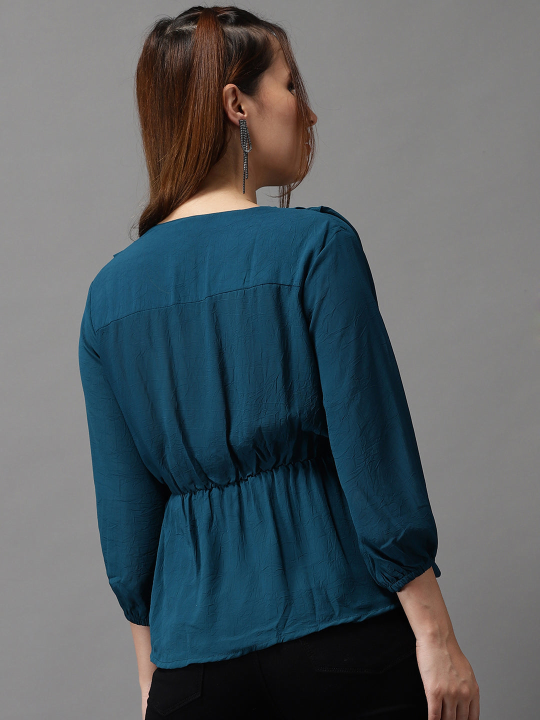 Women V-Neck Solid Teal Peplum Top