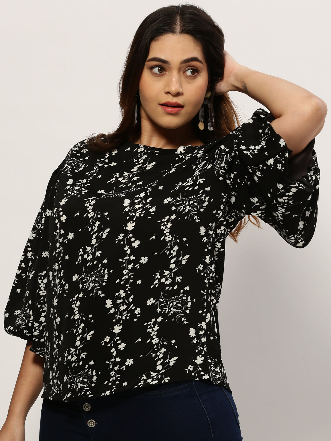 Women Floral Black Top