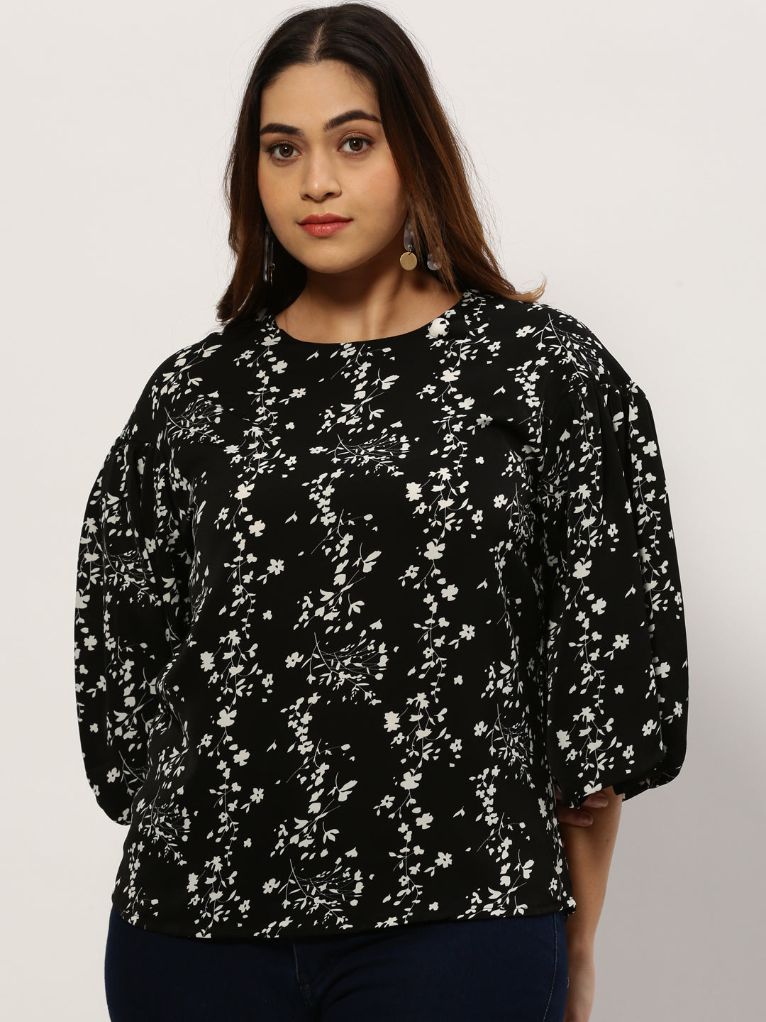 Women Floral Black Top