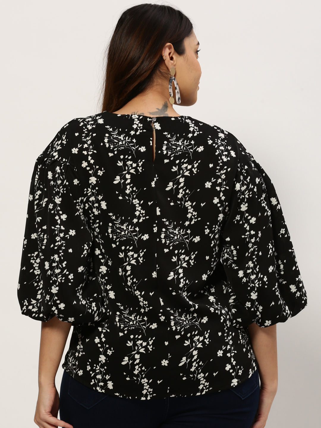 Women Floral Black Top