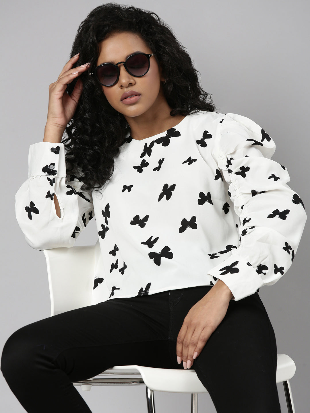 Women White Conversational Blouson Crop Top