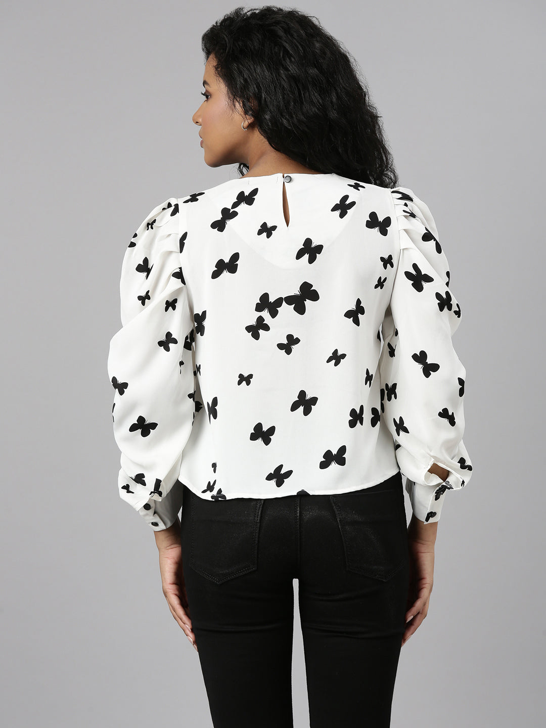 Women White Conversational Blouson Crop Top