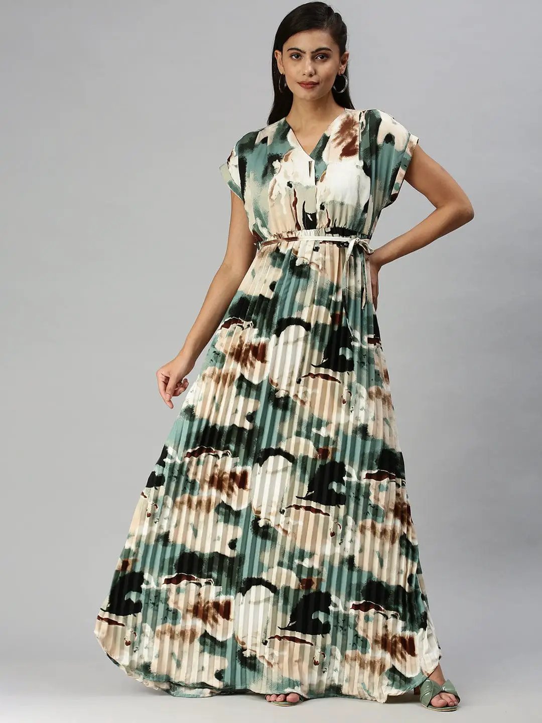 Women's V-Neck Printed Maxi Multi Dress
