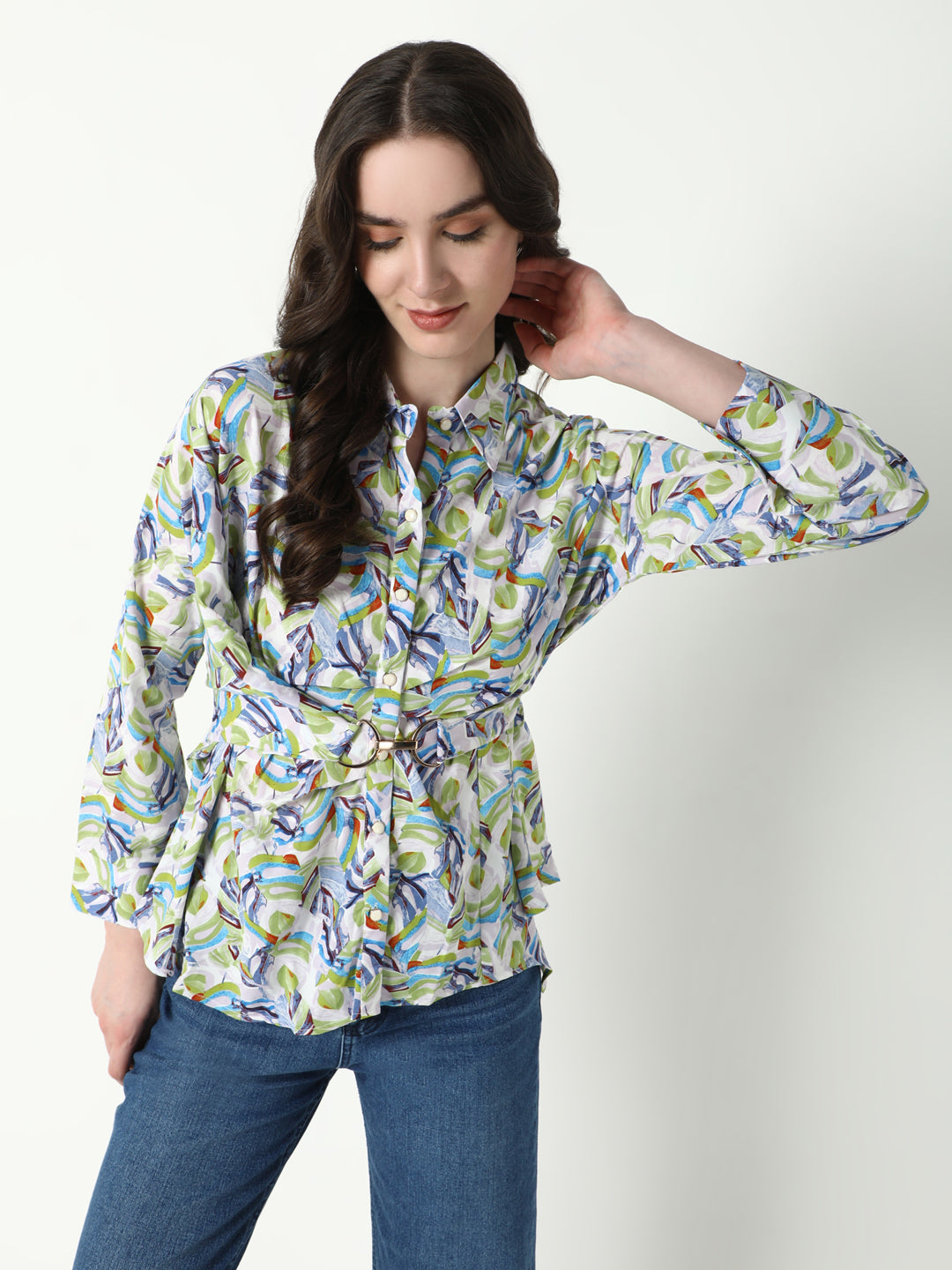 Women Green Abstract Shirt Style Top