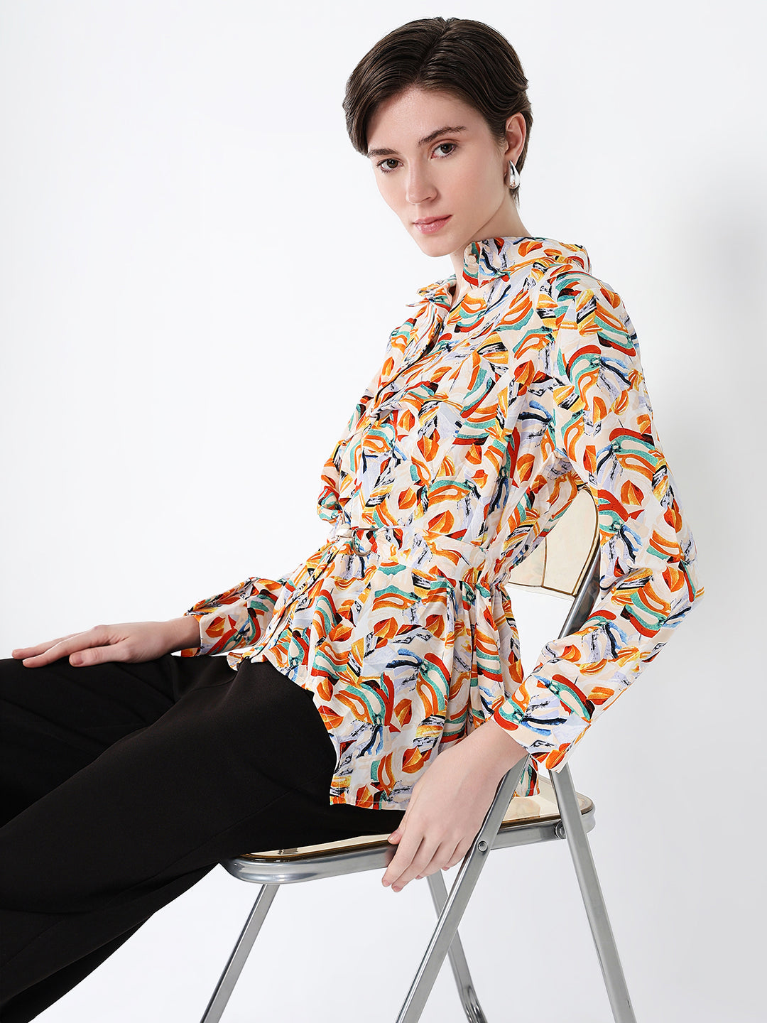 Women Orange Abstract Shirt Style Top