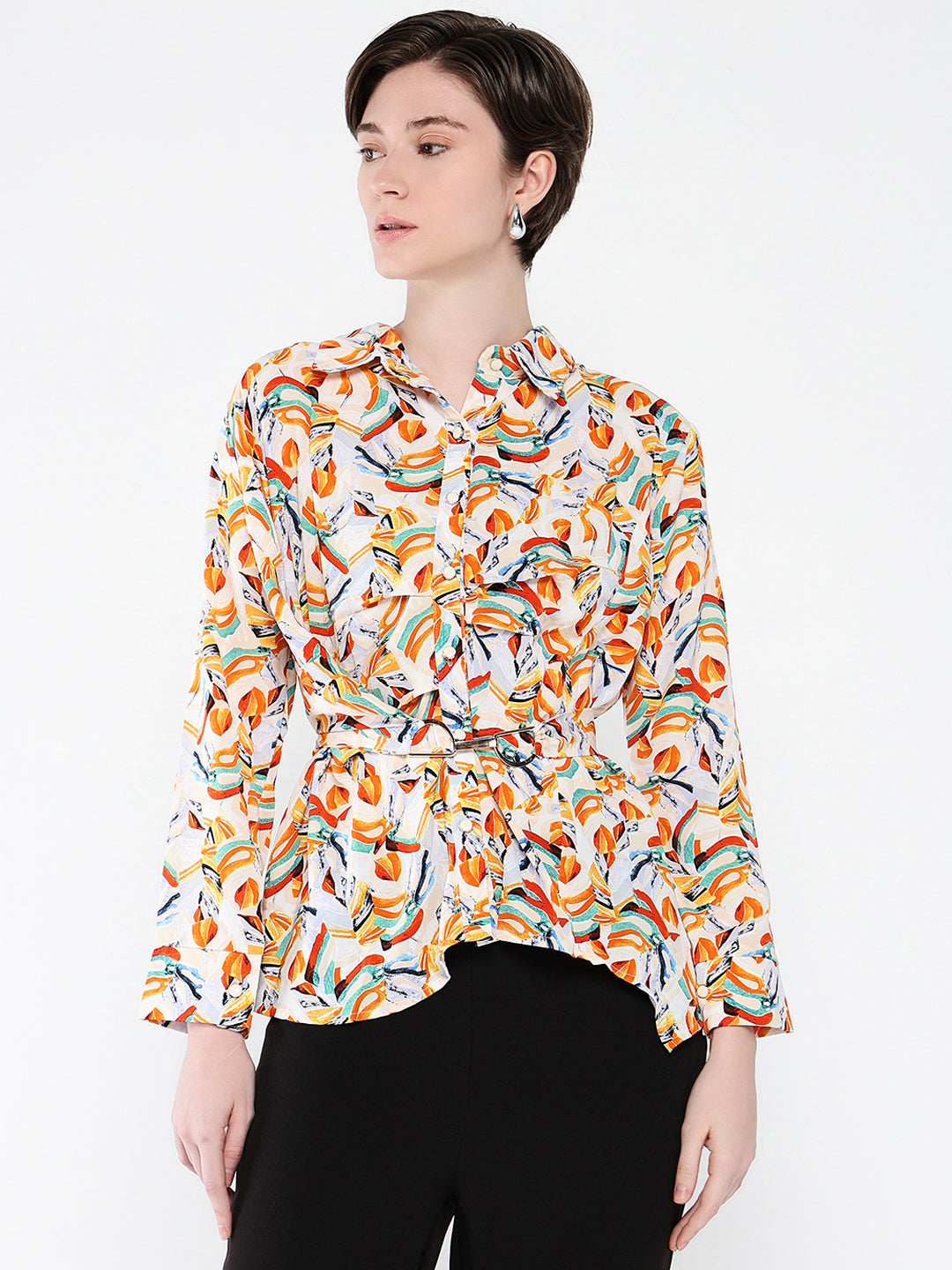 Women Orange Abstract Shirt Style Top