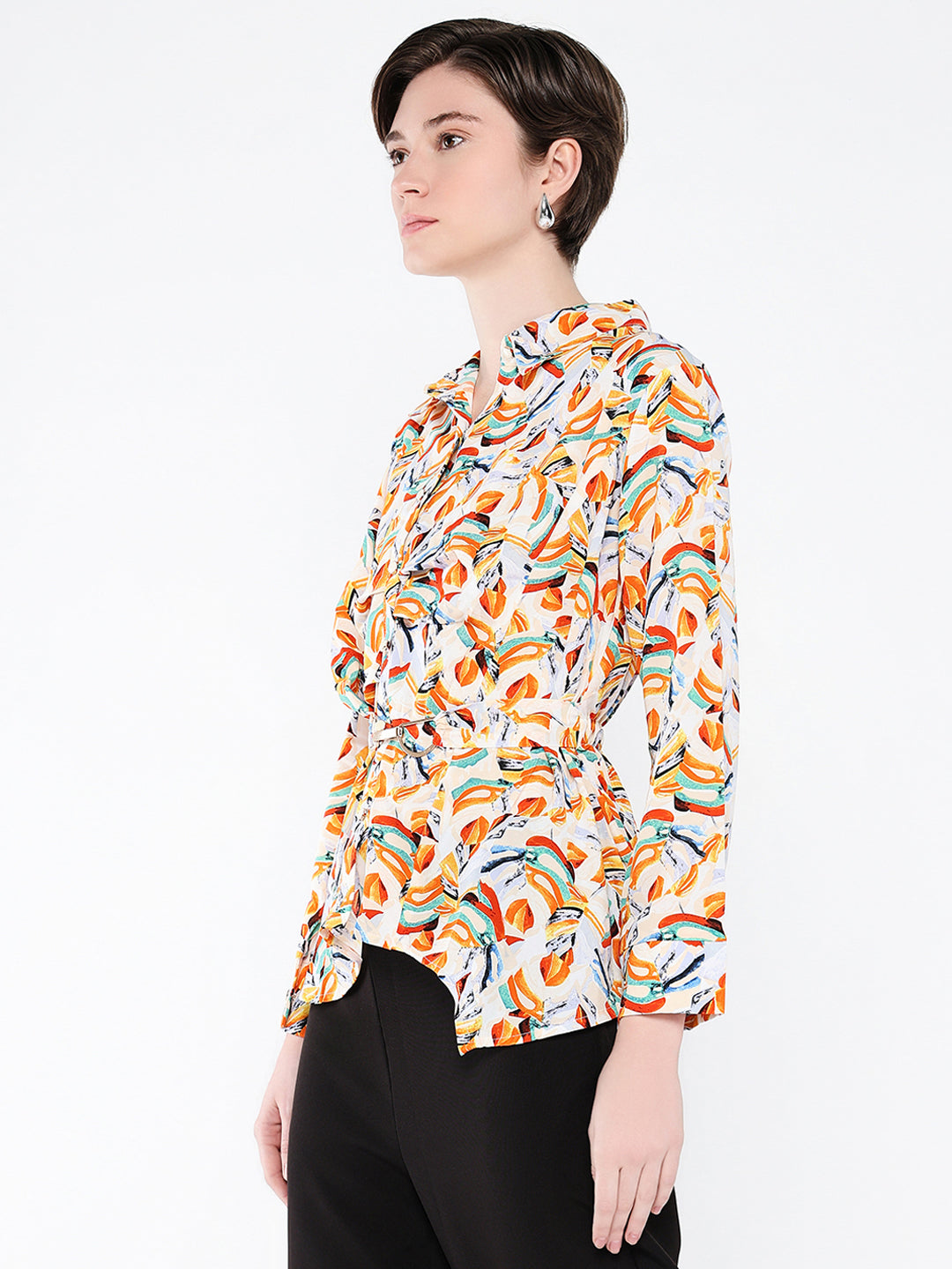 Women Orange Abstract Shirt Style Top