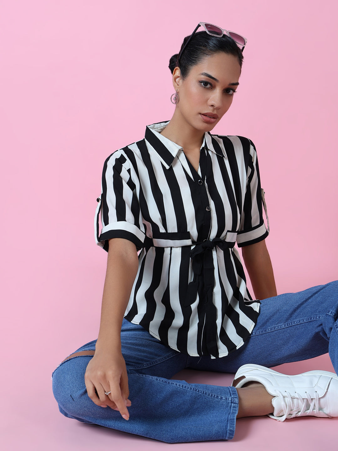 Women Black Striped Slim Fit Shirt