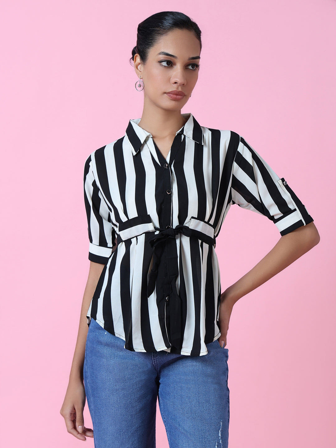 Women Black Striped Slim Fit Shirt