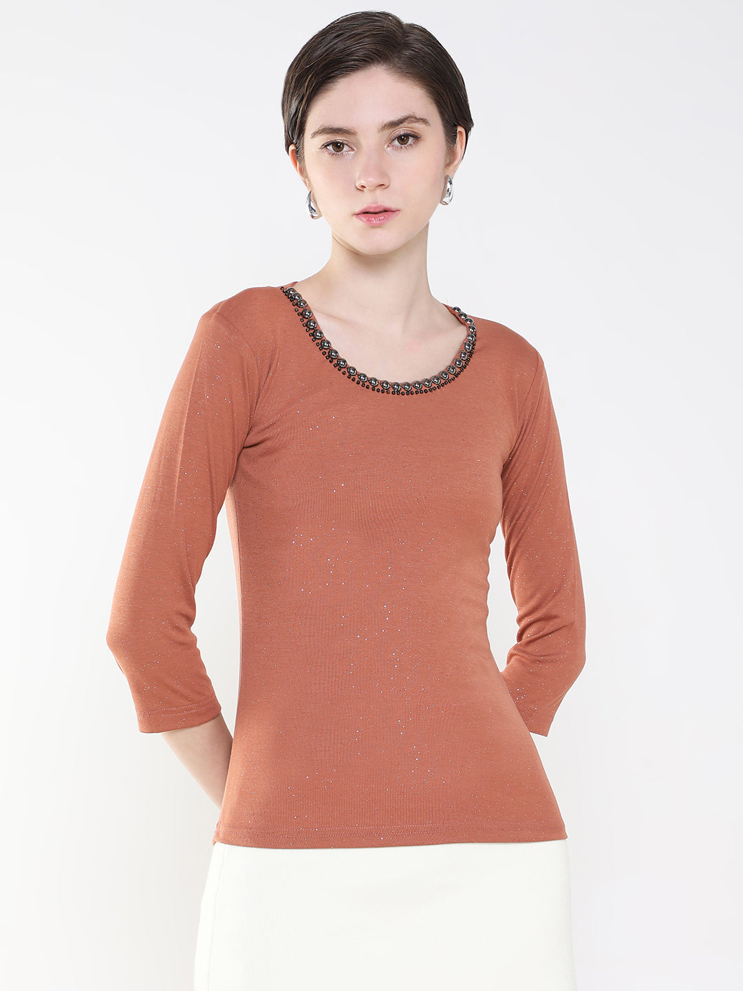 Women Embellished Brown Fitted Top