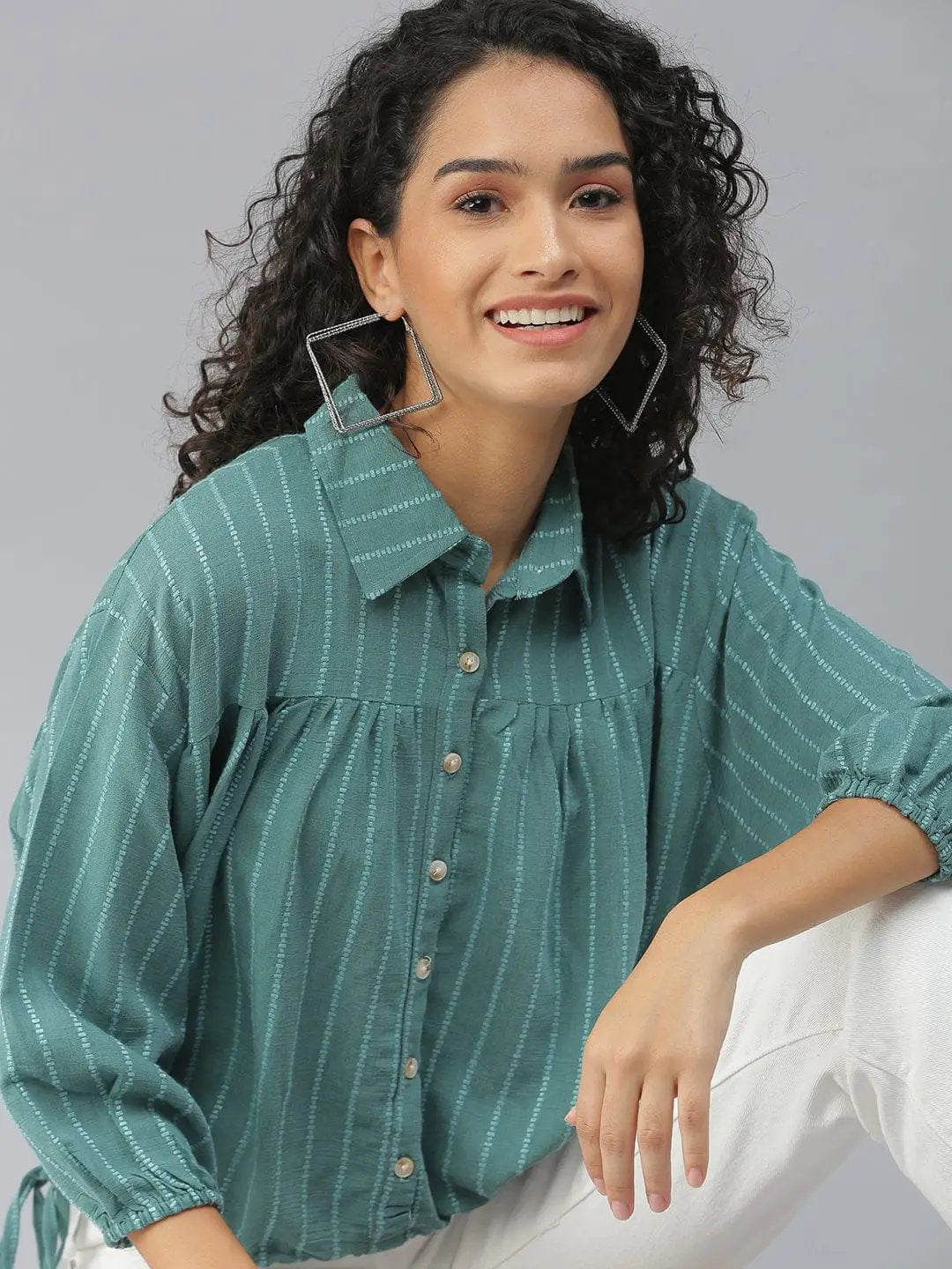 Women's Shirt Collar Self Design Sea Green Cinched Waist Top