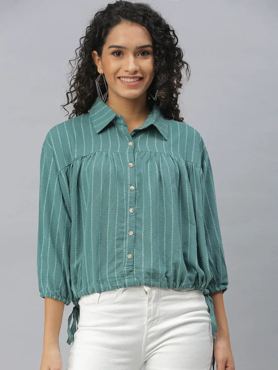 Women's Shirt Collar Self Design Sea Green Cinched Waist Top