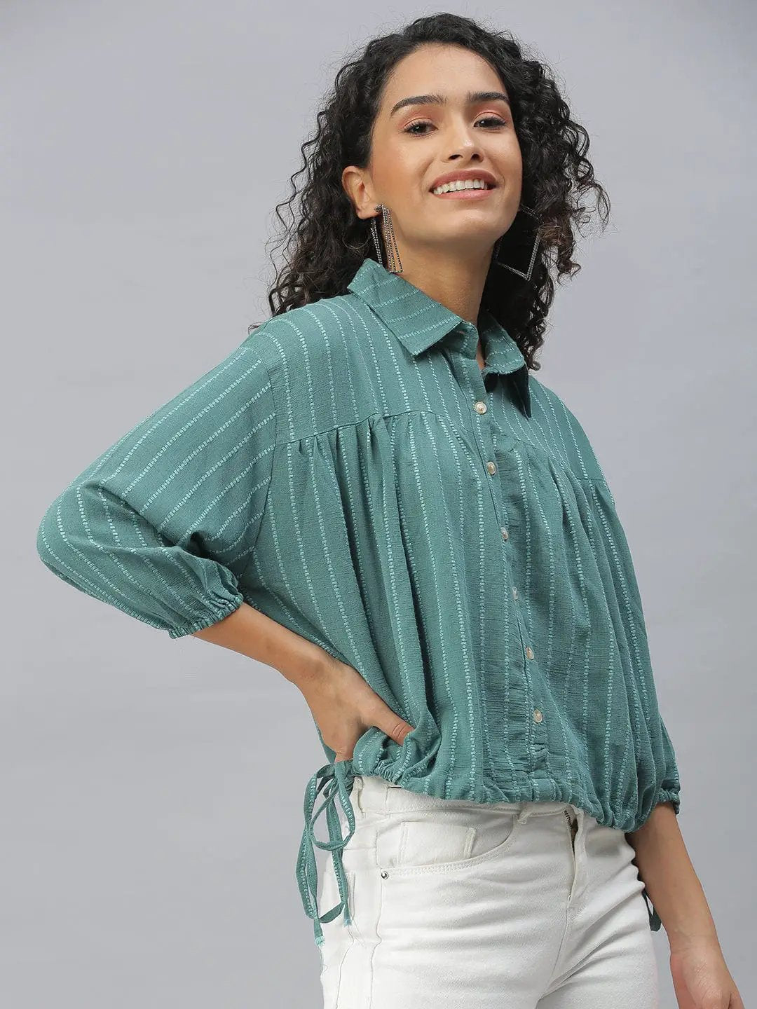 Women's Shirt Collar Self Design Sea Green Cinched Waist Top